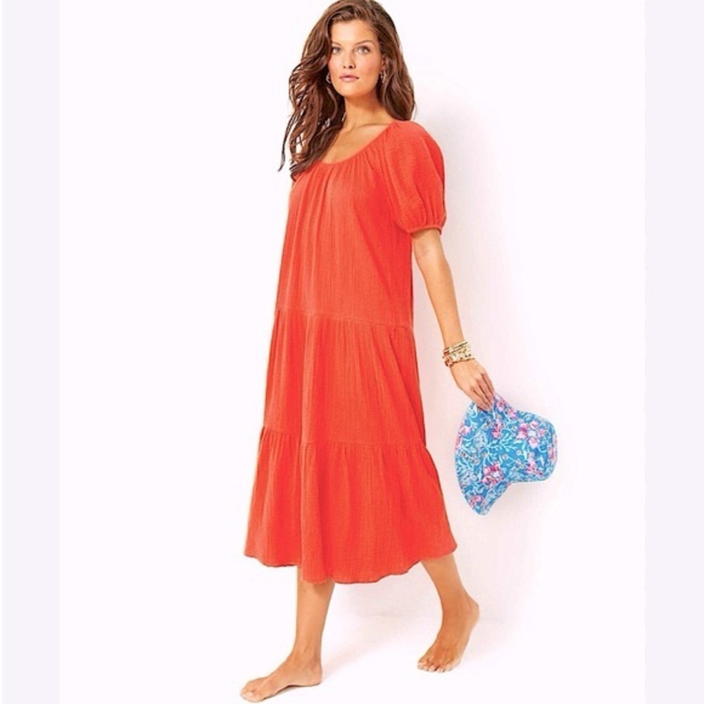 Lilly Pulitzer Zemini Maxi Coverup Dress - Orange‎ Size Large 100% Cotton